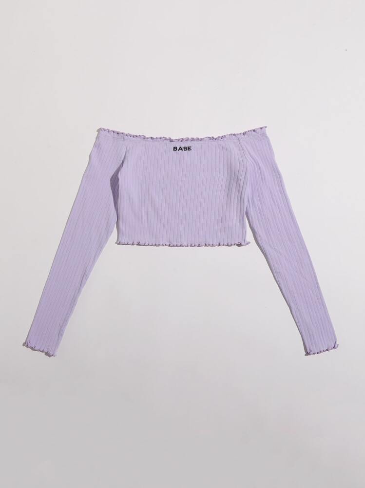 Muchica Off Shoulder Lettuce Trim Letter Embroidery Top - Lilac Purple - View 3