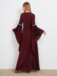 SHEIN Notched Neck Embroidery Yoke Exaggerated Sleeve Godet Dress - Maroon - View 2