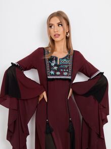 SHEIN Notched Neck Embroidery Yoke Exaggerated Sleeve Godet Dress - Maroon - View 3