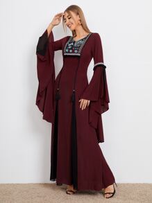 SHEIN Notched Neck Embroidery Yoke Exaggerated Sleeve Godet Dress - Maroon - View 4