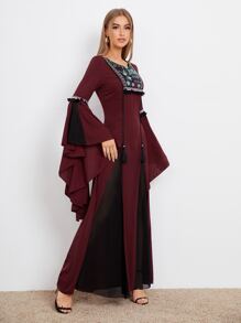 SHEIN Notched Neck Embroidery Yoke Exaggerated Sleeve Godet Dress - Maroon - View 5