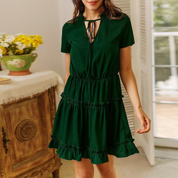 

Solid Frill Trim Tie Neck Dress, Dark green