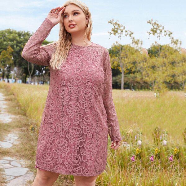 

Plus Round Neck Lace Dress, Dusty pink