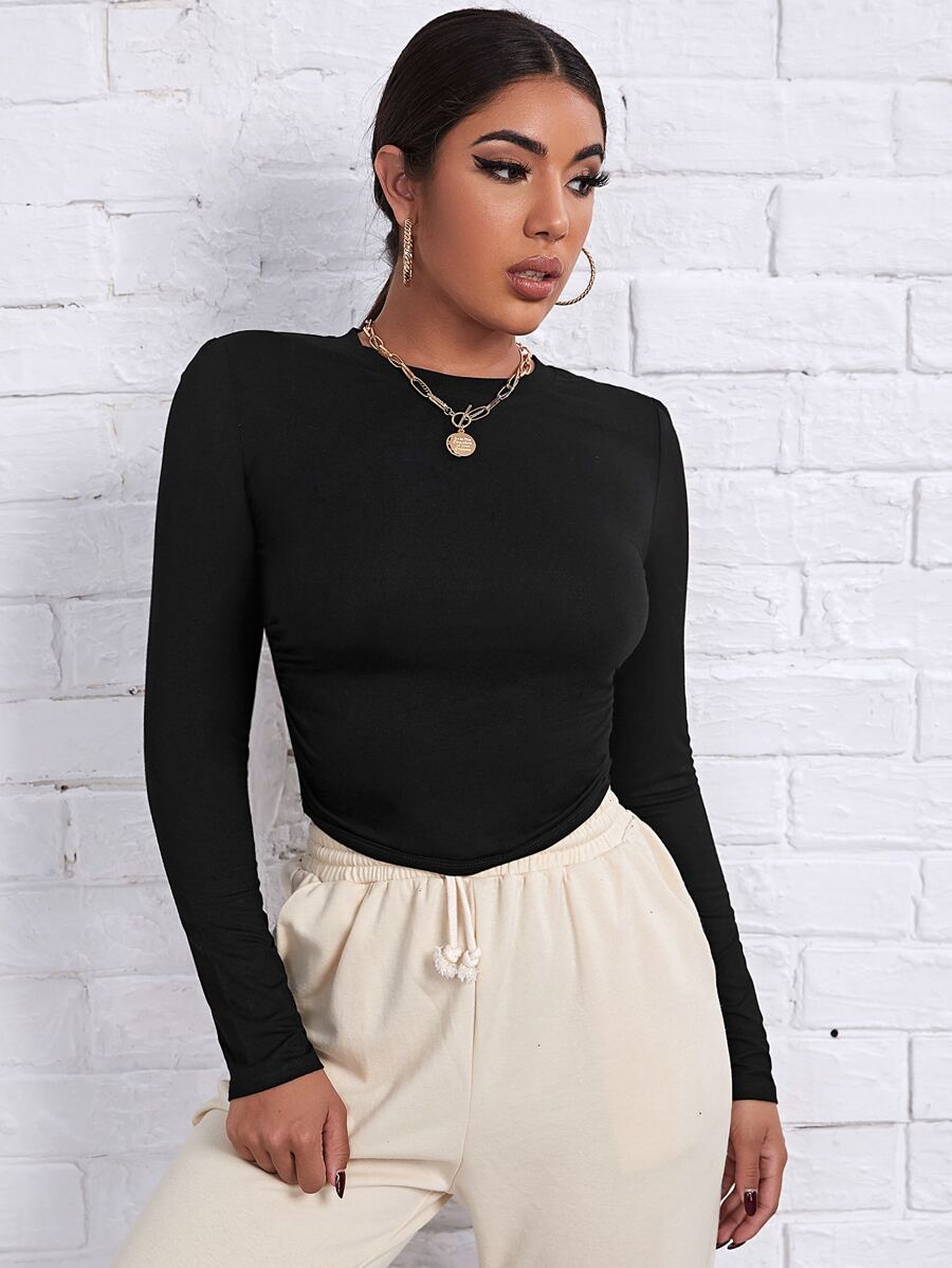 SHEIN Essnce Top Sólido De Lado Fruncido - Negro - Ver 1