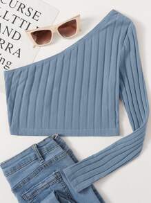 SHEIN EZwear One Shoulder Rib-knit Crop Top - Dusty Blue - View 1