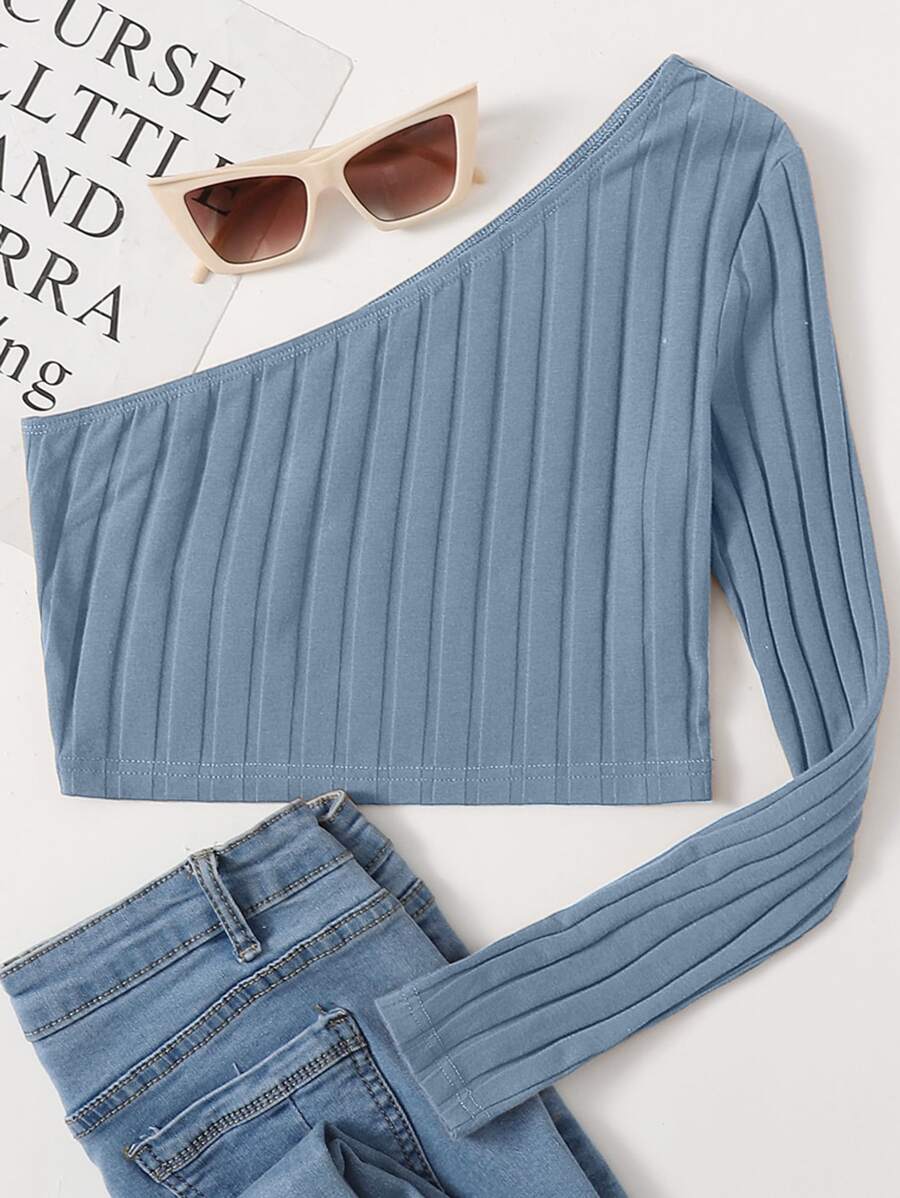 SHEIN EZwear One Shoulder Rib-knit Crop Top - Dusty Blue - View 1
