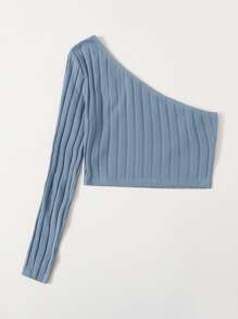 SHEIN EZwear One Shoulder Rib-knit Crop Top - Dusty Blue - View 2