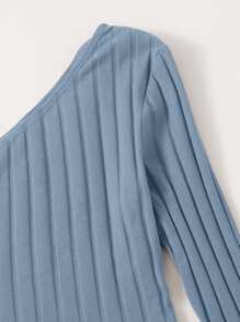 SHEIN EZwear One Shoulder Rib-knit Crop Top - Dusty Blue - View 4