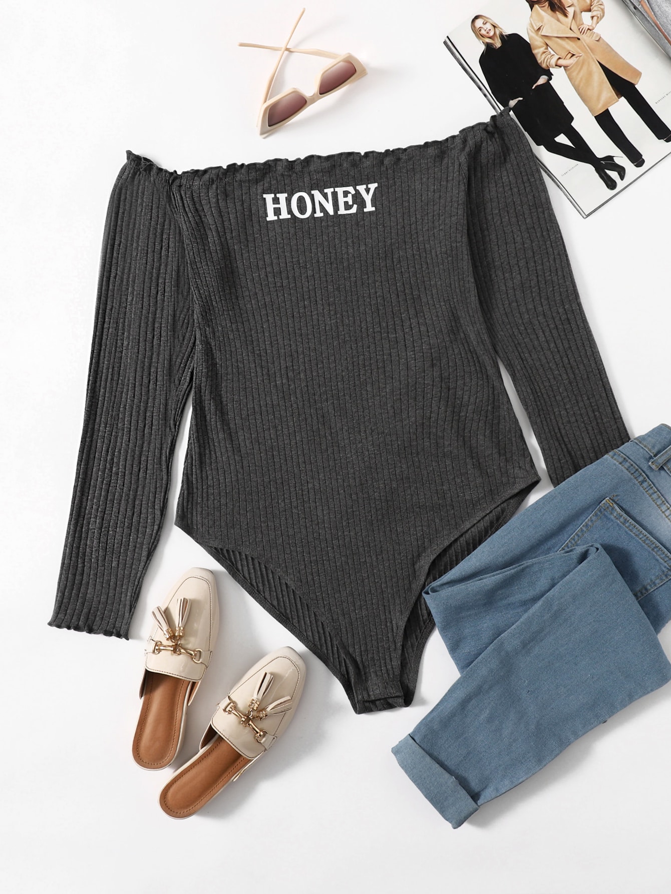 Plus Off Shoulder Lettuce Trim Rib-knit Bodysuit thumbnail