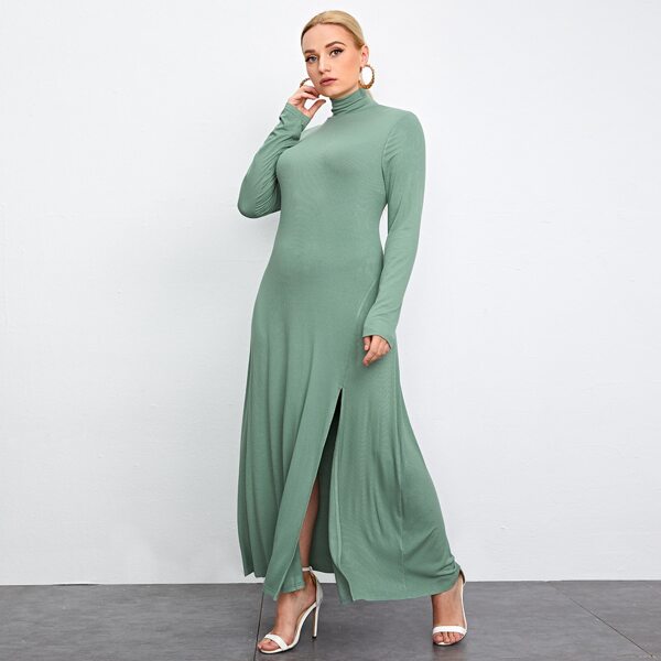 

Plus High Neck Split Thigh Dress Without Belt, Green