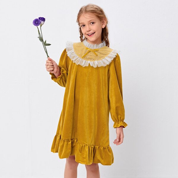 

Girls Frill Trim Ruffle Hem Velvet Dress, Mustard yellow