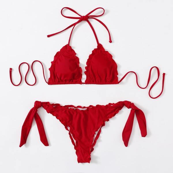 

Lettuce Trim Halter Bikini Swimsuit, Red