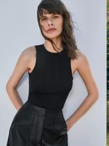 SHEIN Frenchy Seam Front Tank Top Summer Black Casual - Black - View 6