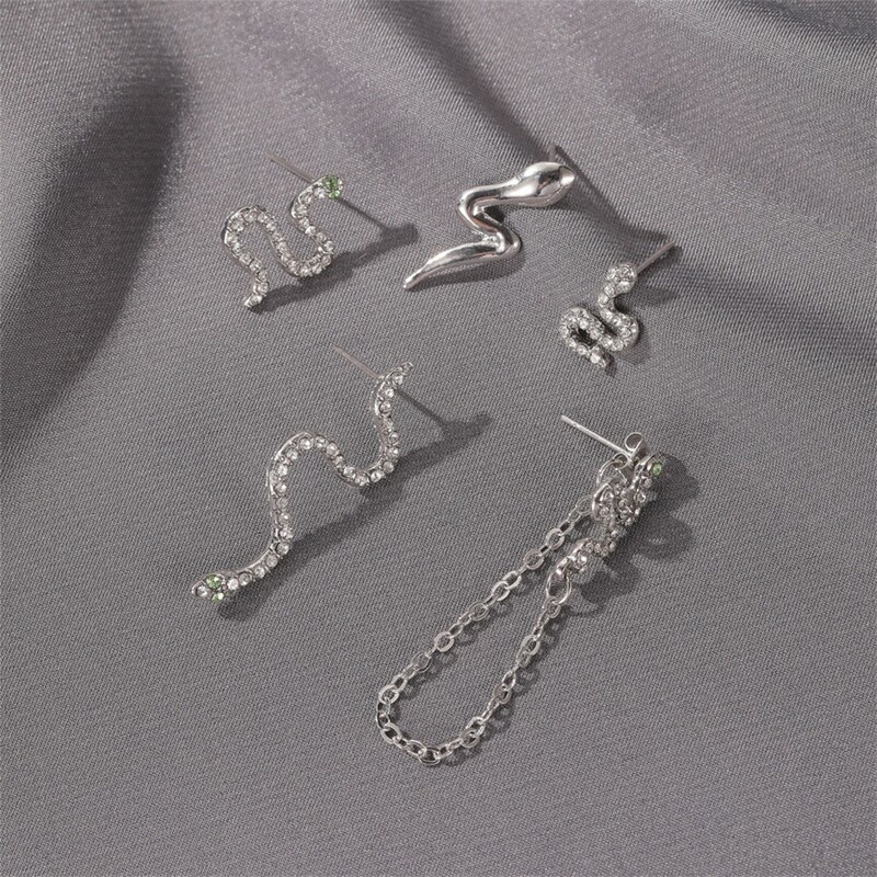 

5pcs Rhinestone Snake Earring Set, Silver