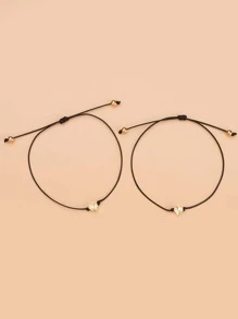 2 件/套时尚简约百搭心形可调节黑色编织手链，适合节日、生日、送给朋友和另一半的礼物，附赠承诺卡