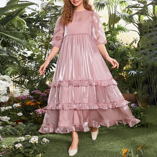 

Lantern Sleeve Ruffle Trim Layered Dress, Dusty pink