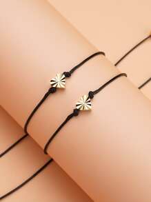 2 件/套时尚简约百搭心形可调节黑色编织手链，适合节日、生日、送给朋友和另一半的礼物，附赠承诺卡