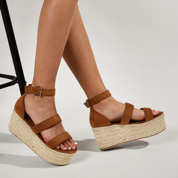 

Open Toe Ankle Strap Wedge Sandals, Brown