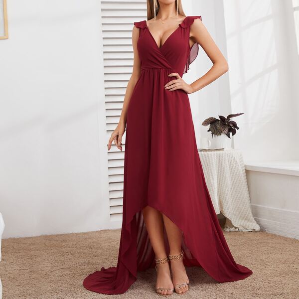 

Overlap Neck Ruffle High Low Floor Dress, Burgundy