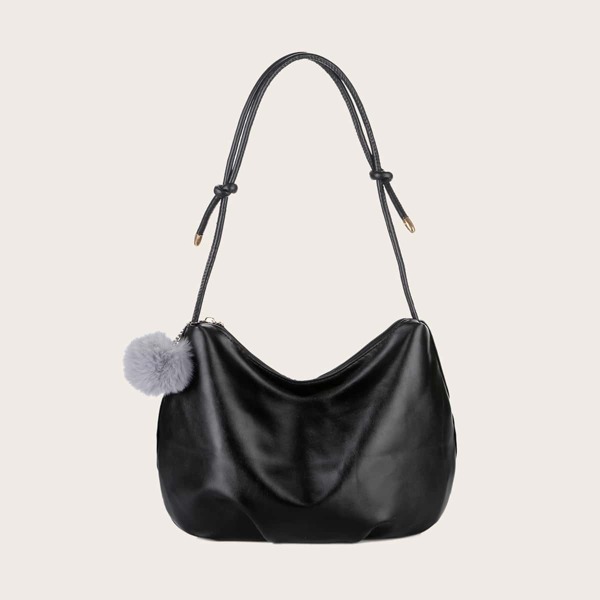 

Pom-pom Charm Hobo Bag, Black