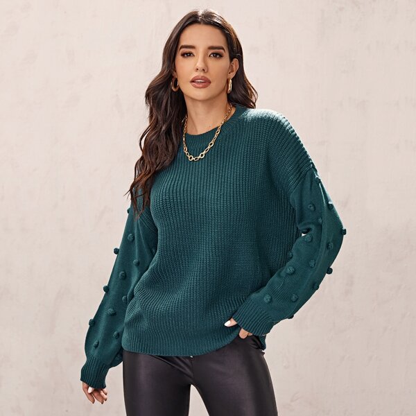 

Drop Shoulder Pom Pom Detail Oversized Sweater, Teal blue