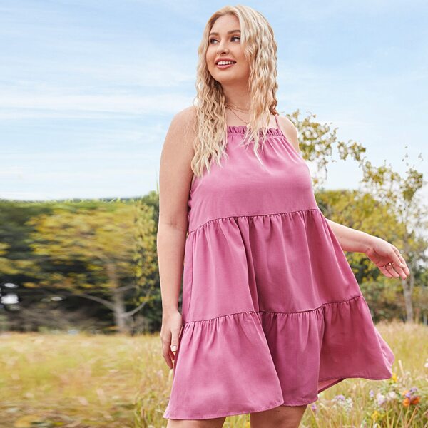 

Plus Tie Back Frill Trim Ruffle Hem Cami Dress, Pink