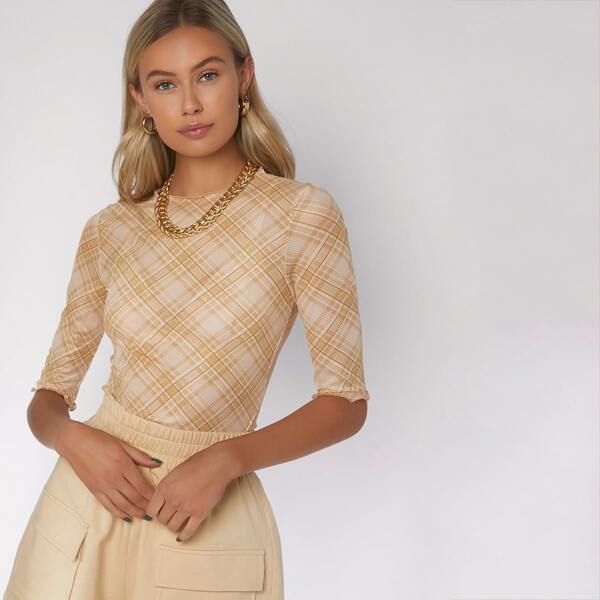 

Lettuce Trim Tartan Mesh Top Without Bra, Multicolor