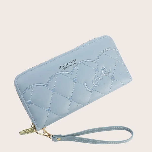 

Letter Embroidered Quilted Long Purse, Blue
