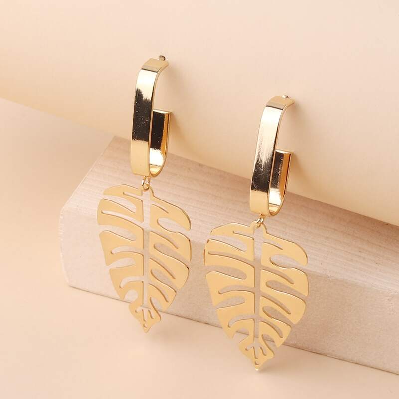 

Hollow Leaf Drop Earrings, Gold