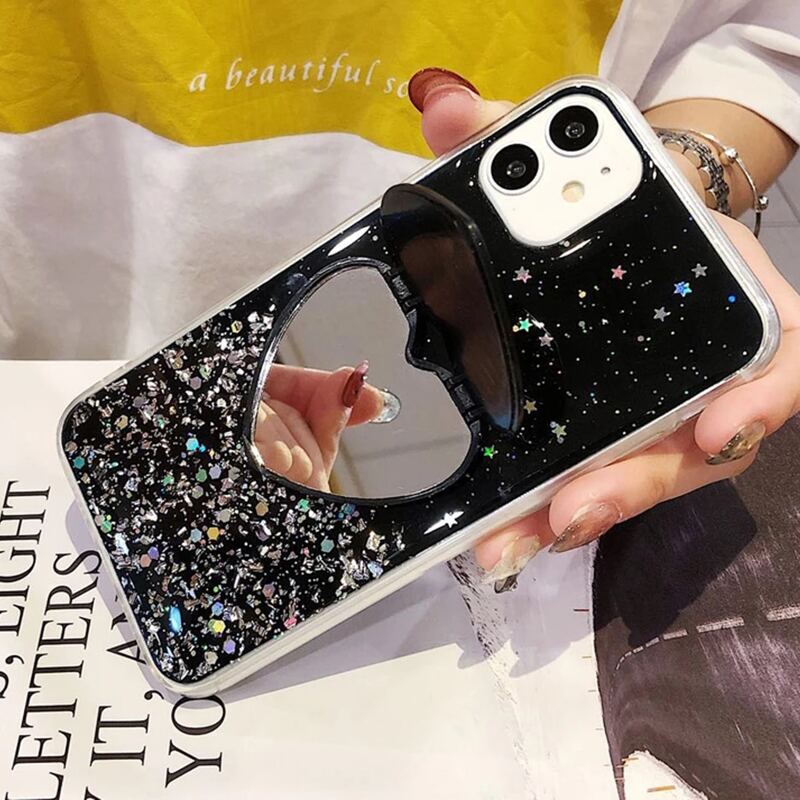 

Glitter iPhone Case With Heart Mirror, Black