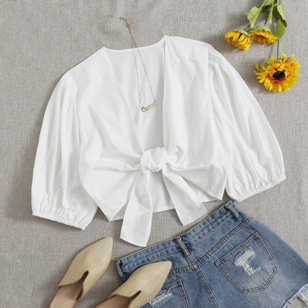 

Plus Solid Tie Front Crop Top, White