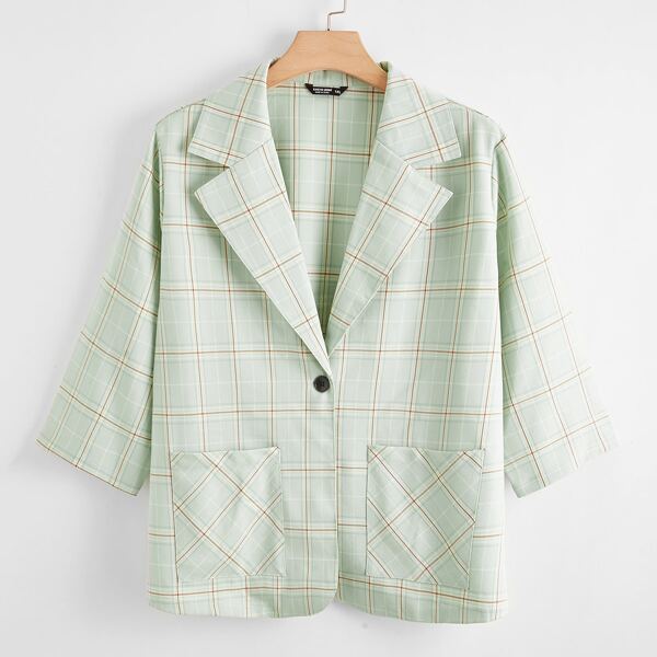 

Plus Plaid Single Button Dual Pocket Blazer, Pastel lime green
