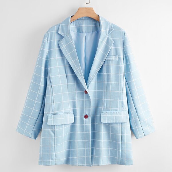 

Plus Plaid Lapel Neck Blazer, Baby blue