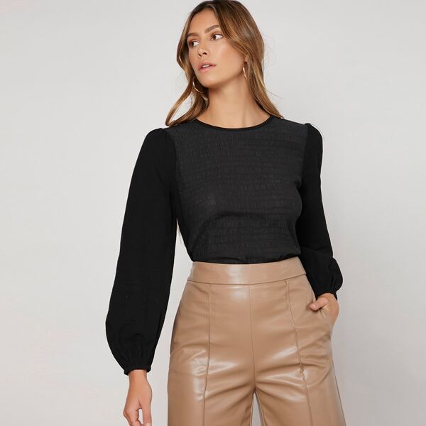 

Lantern Sleeve Keyhole Back Top, Black