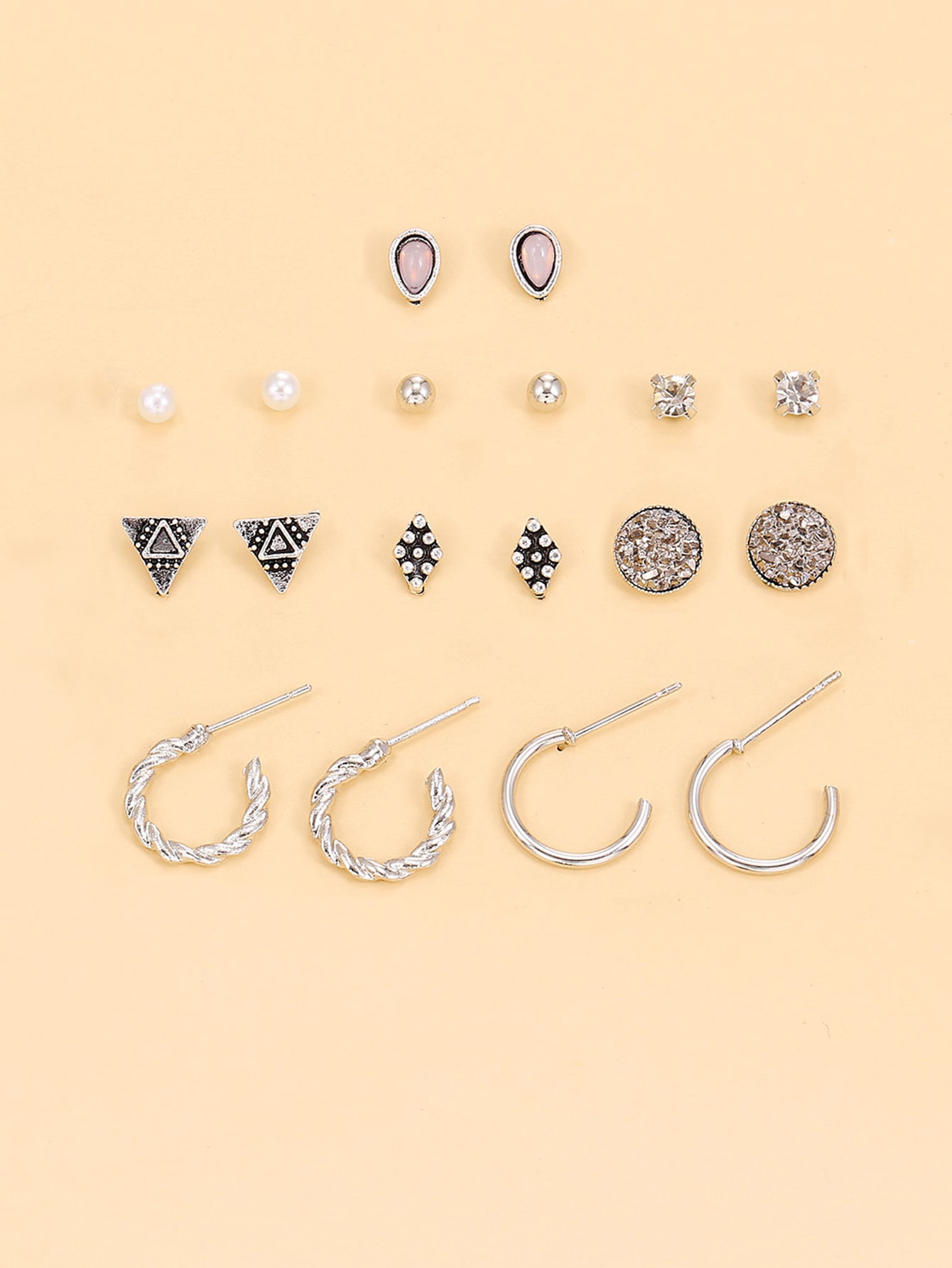 9pairs Rhinestone Decor Geometric Design Earrings thumbnail