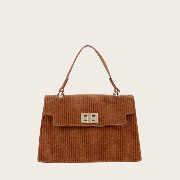 

Turn-Lock Corduroy Satchel Bag, Brown