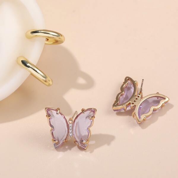 

Butterfly Design Stud Earrings & 2pcs Ear Cuff, Purple