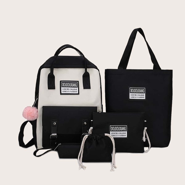 

5pcs Girls Pom Pom Charm Backpack Set, Black