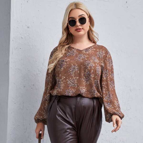 

Plus Floral Print Bishop Sleeve Blouse, Brown