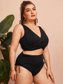 SHEIN Swim Curve Conjunto de bikini con envuelta de canalé y anudado a los lados para talla grande, verano playa - Negro - Ver 1