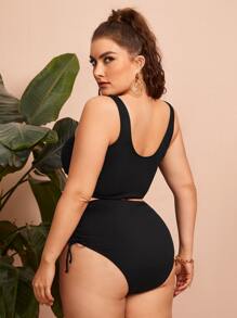 SHEIN Swim Curve Conjunto de bikini con envuelta de canalé y anudado a los lados para talla grande, verano playa - Negro - Ver 2
