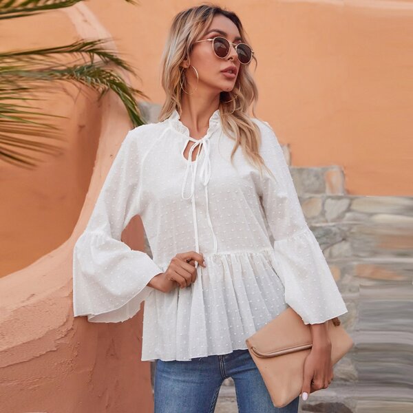 

Tie Neck Swiss Dot Ruffle Hem Blouse, White