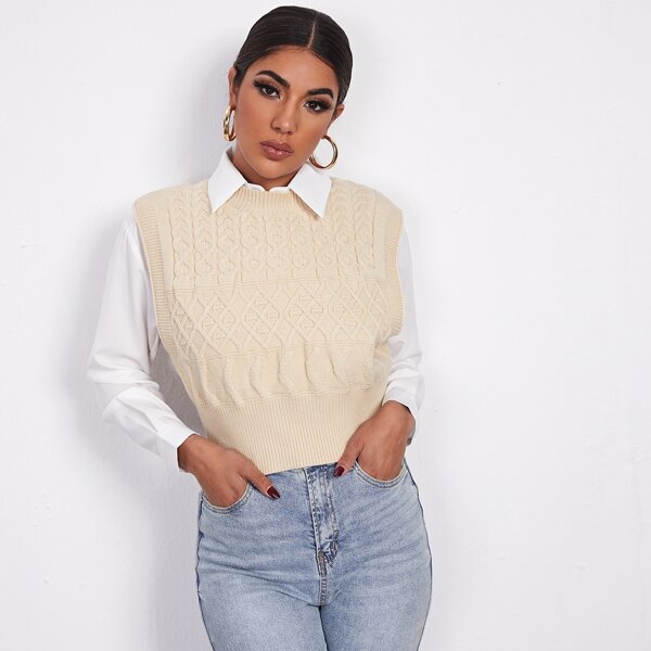 

Round Neck Cable Knit Sweater Vest, Beige