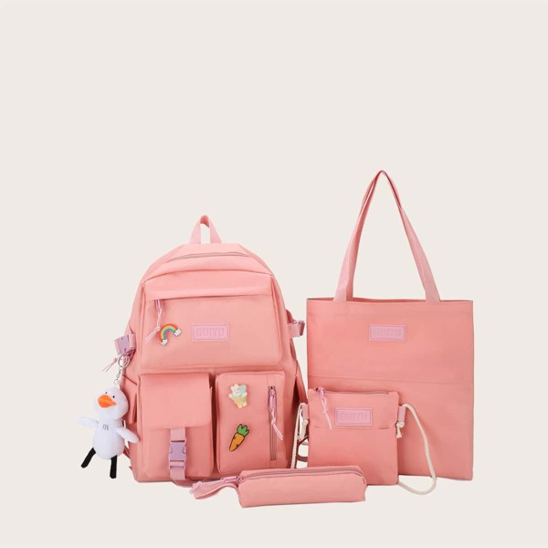 

4pcs Kids Pocket Front Backpack Set, Coral pink