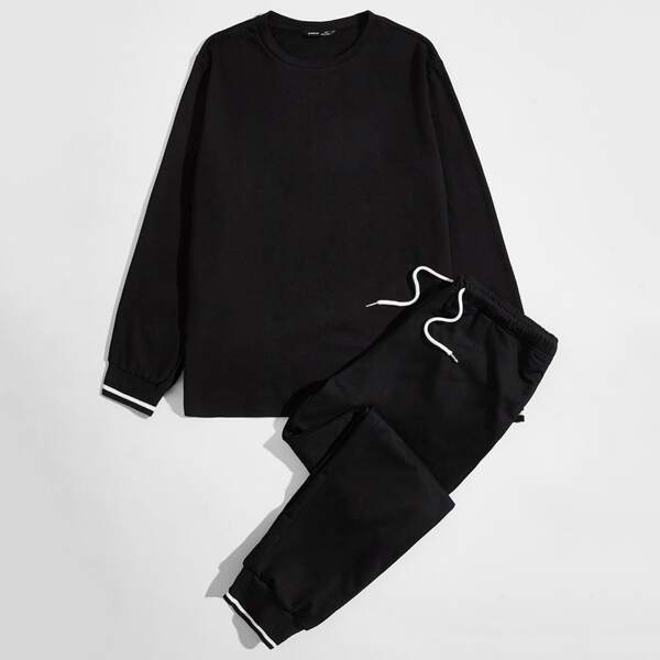 

Men Striped Cuff Pullover & Sweatpants PJ Set, Black