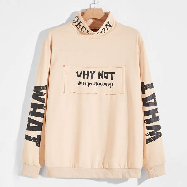 

Men Slogan Graphic Mock Neck Pullover, Apricot