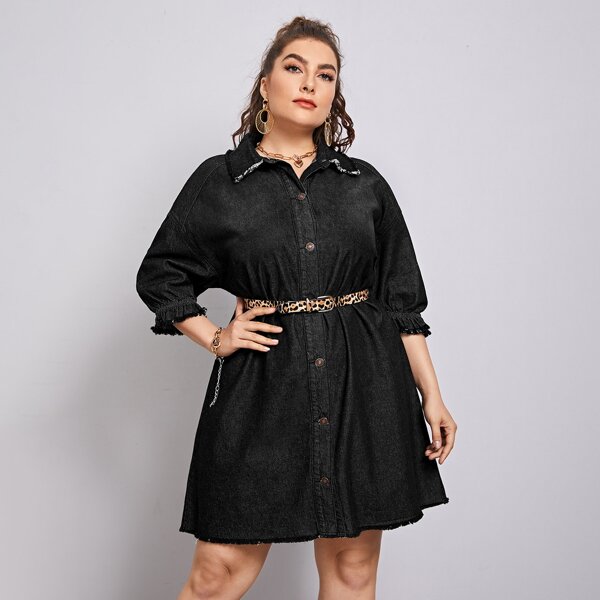 

Plus Button Front Raw Hem Denim Dress Without Belt, Black