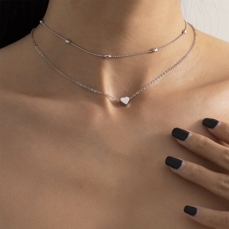 

2pcs Heart Decor Chain Necklace, Silver