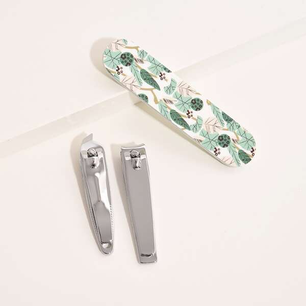 

2pcs Nail Clipper & 1pc Plants Print Nail File, Multicolor