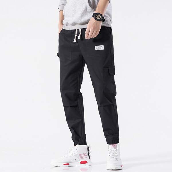 

Men Flap Pocket Patched Cargo Pants, Black